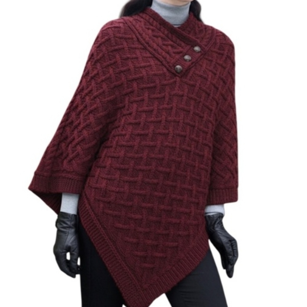 Aran Crafts Women's Cable Knit Nua Button Poncho (100% Super Soft Merino Wool) S